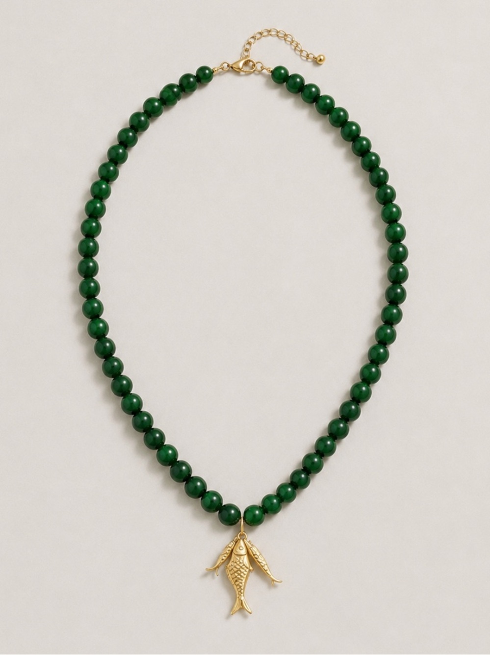 New! 18K Gold Plated Green Beaded Gold Fish Sardine Dopamine Necklace NWOT 5035